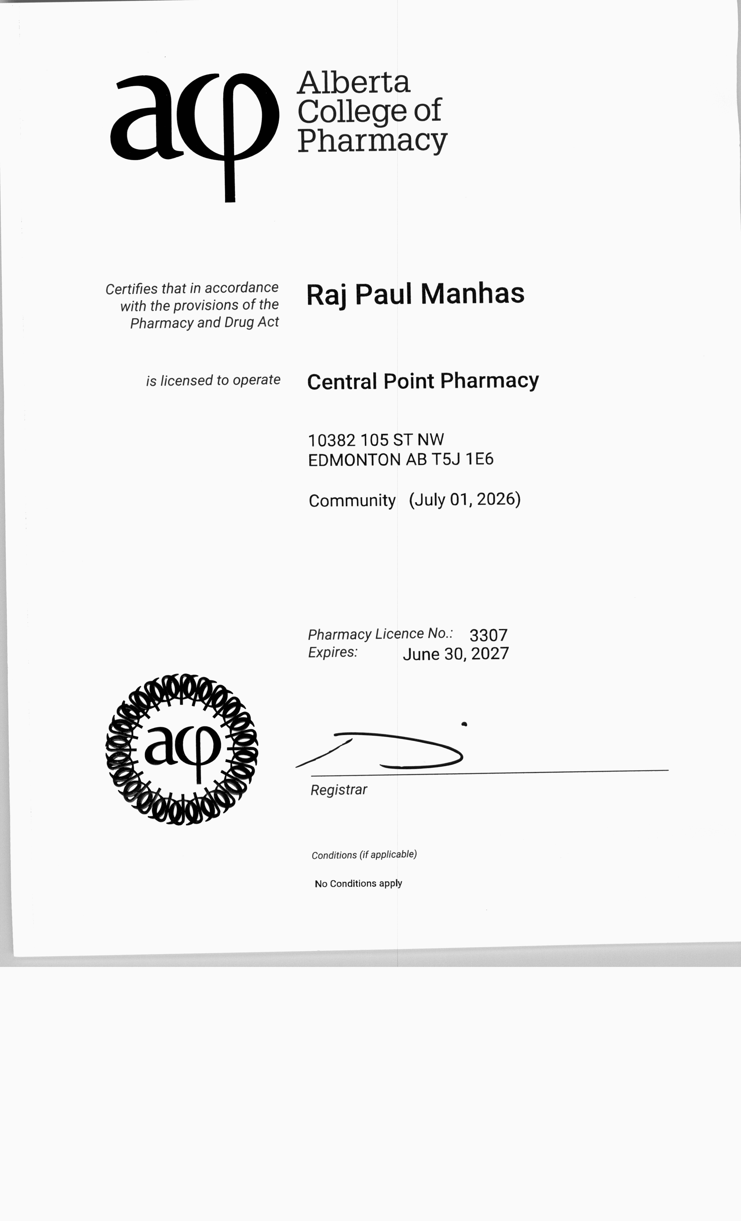 Central Point Pharmacy — Pharmacy License